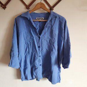Vintage Mantra Blue Button-Up Collared Top Half Sleeve Cotton Medium